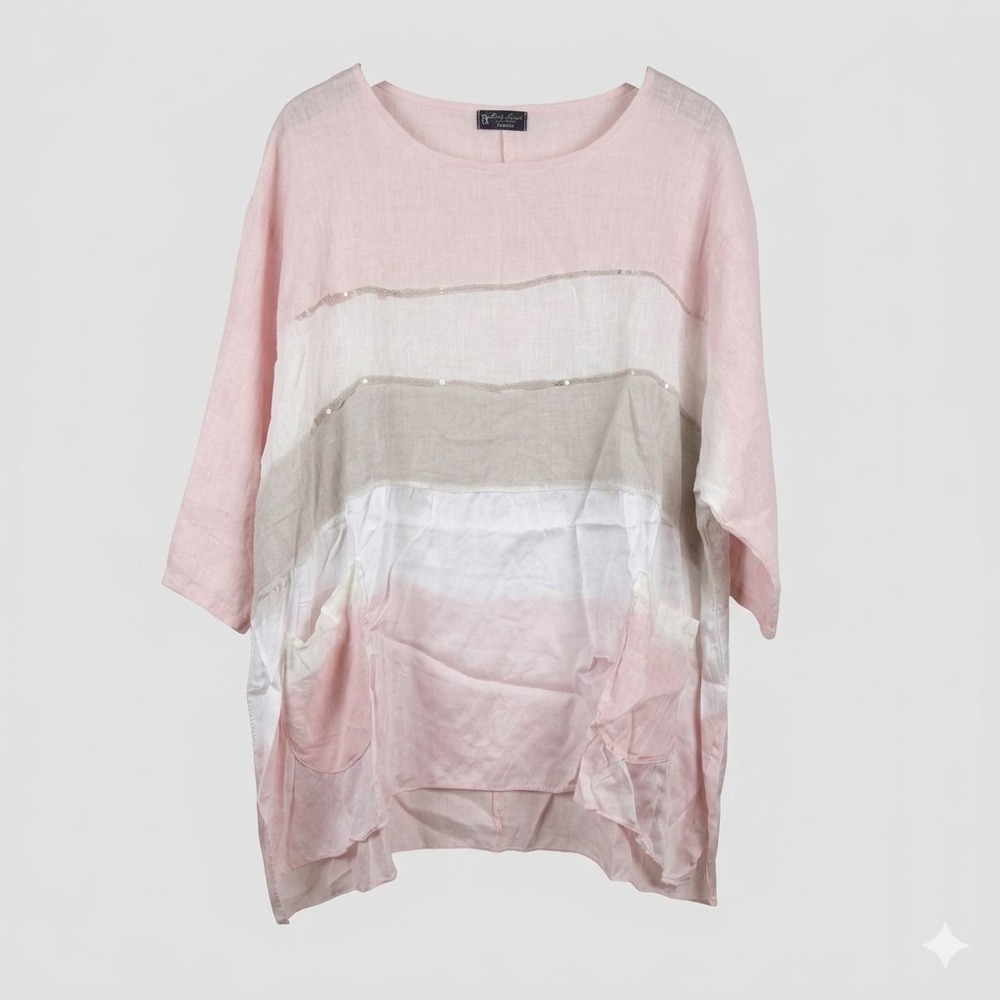 Bella Amore Made In Italy Linen Tunic Top Lagenlook Colorblock Pink‎ Boho Artsy